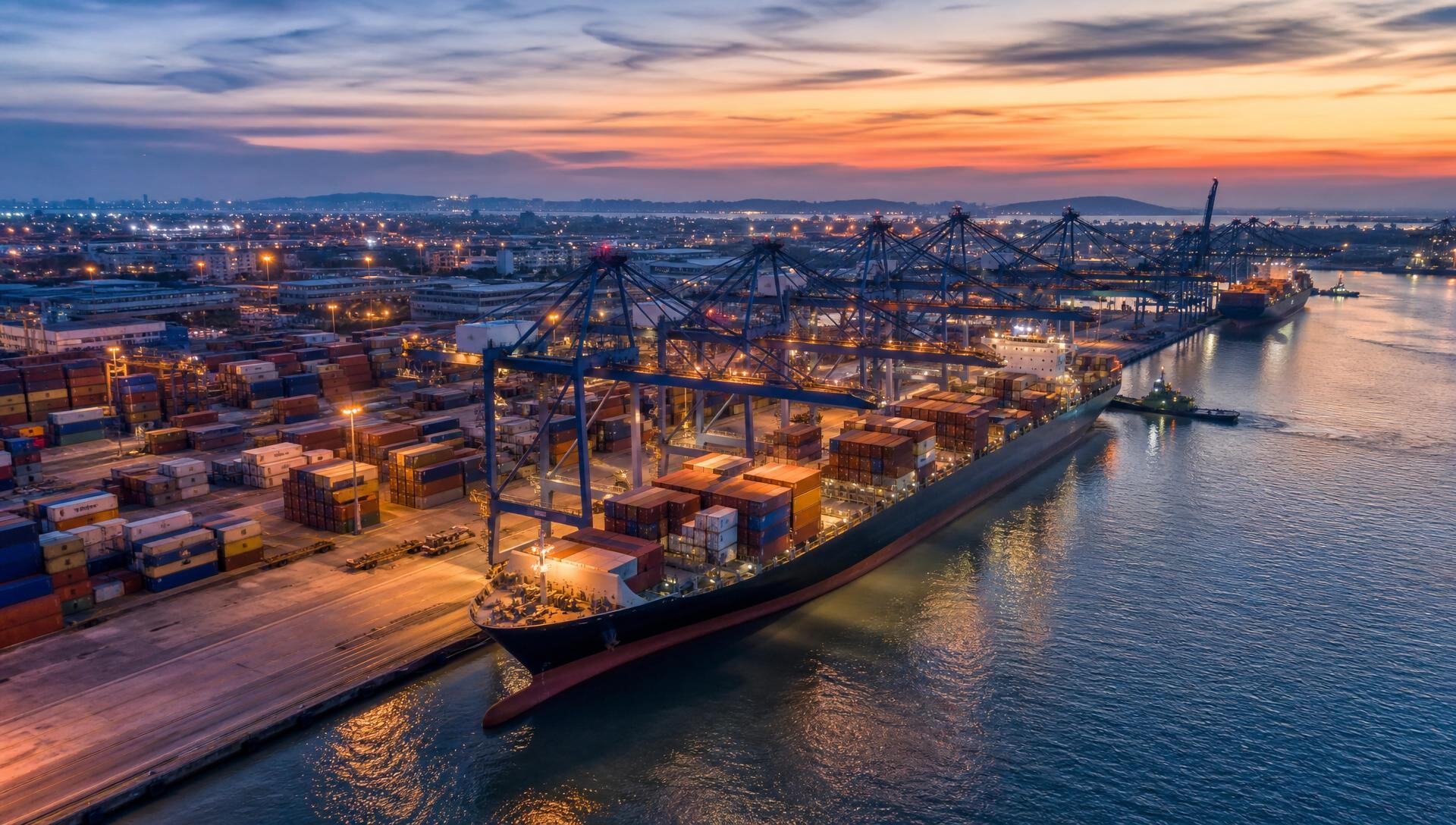 Aerial view of a commercial shipping port with cargo ships and harbor cranes
