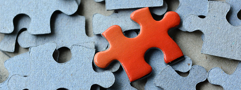 Puzzle pieces with one red piece